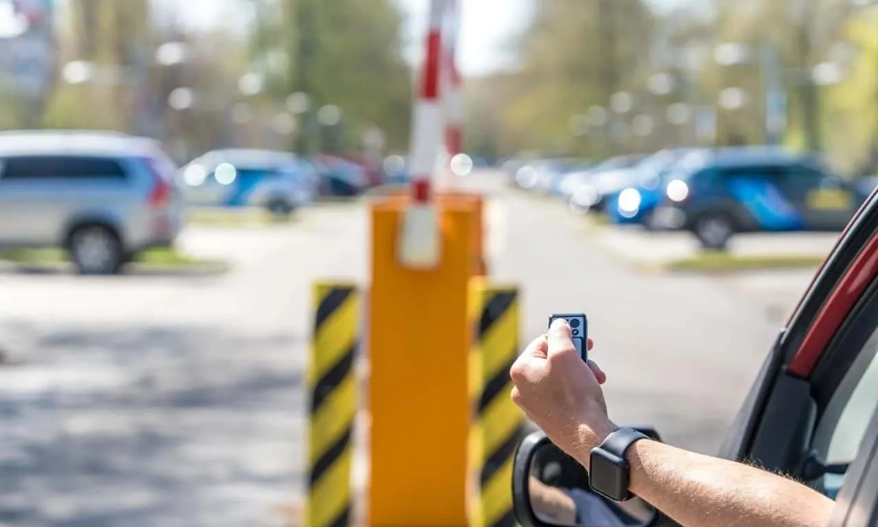 Driver opening an automatic parking barrier with a remote