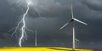 Lightning striking near a wind turbine